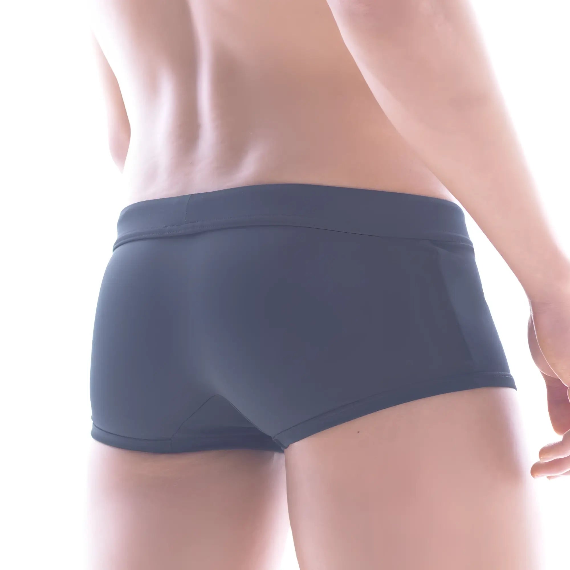 Dark gray form-fitting MetroMaleWear Classic Swim Trunk with smooth stretchy fabric and snug waistband front view