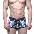 MetroMaleWear classic swim trunk camo gray blue and white camouflage pattern with black elastic waistband and drawstring