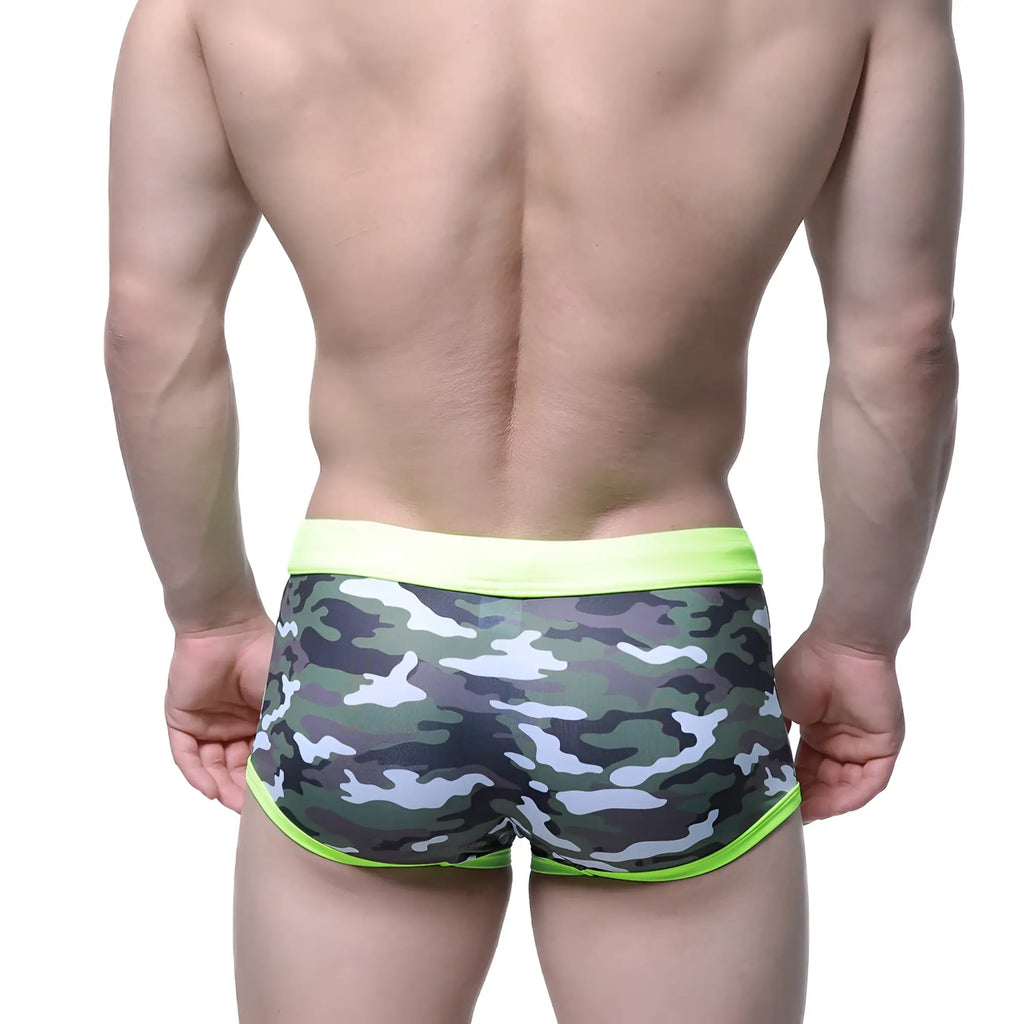MetroMalewear classic swim trunk camo green 4932-91 men’s camouflage briefs with neon green waistband and trim