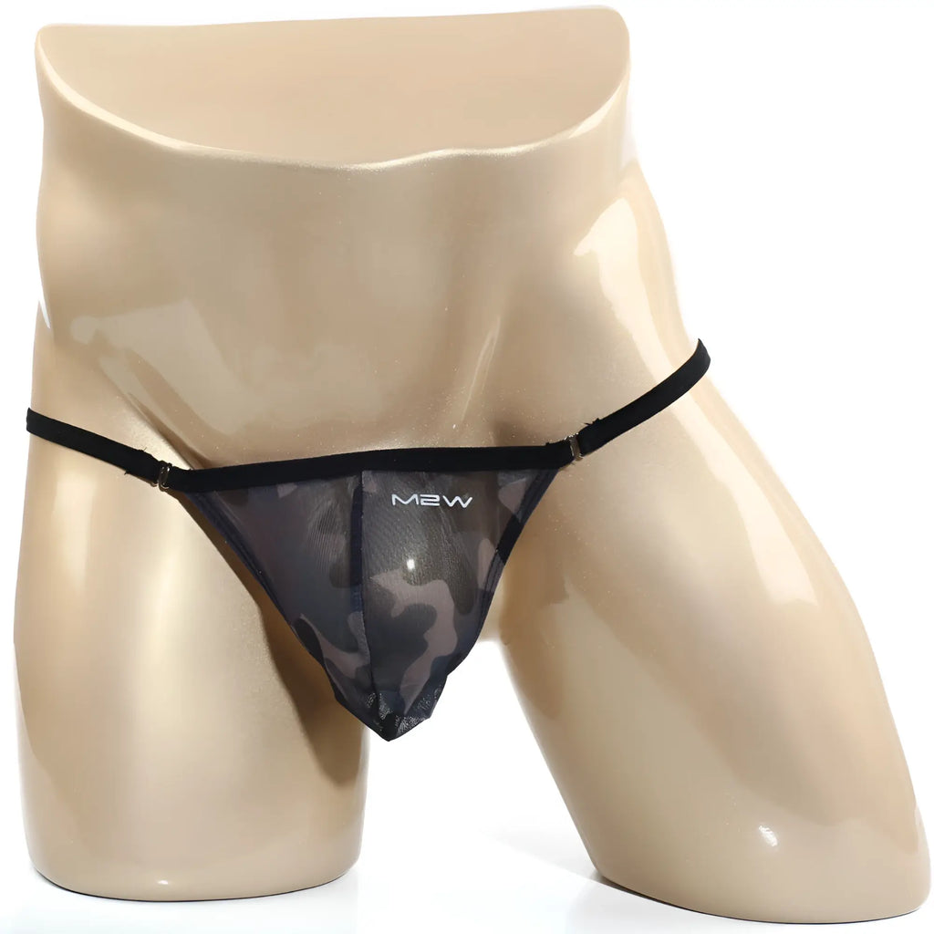 Black mesh thong with subtle camouflage pattern and thin elastic waistband featuring m2w logo from MetroMaleWear Cobra String Camo