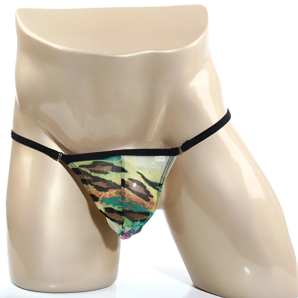 MetroMaleWear Cobra string green 2214-60 vibrant translucent mesh thong with green brown orange leopard print and black straps