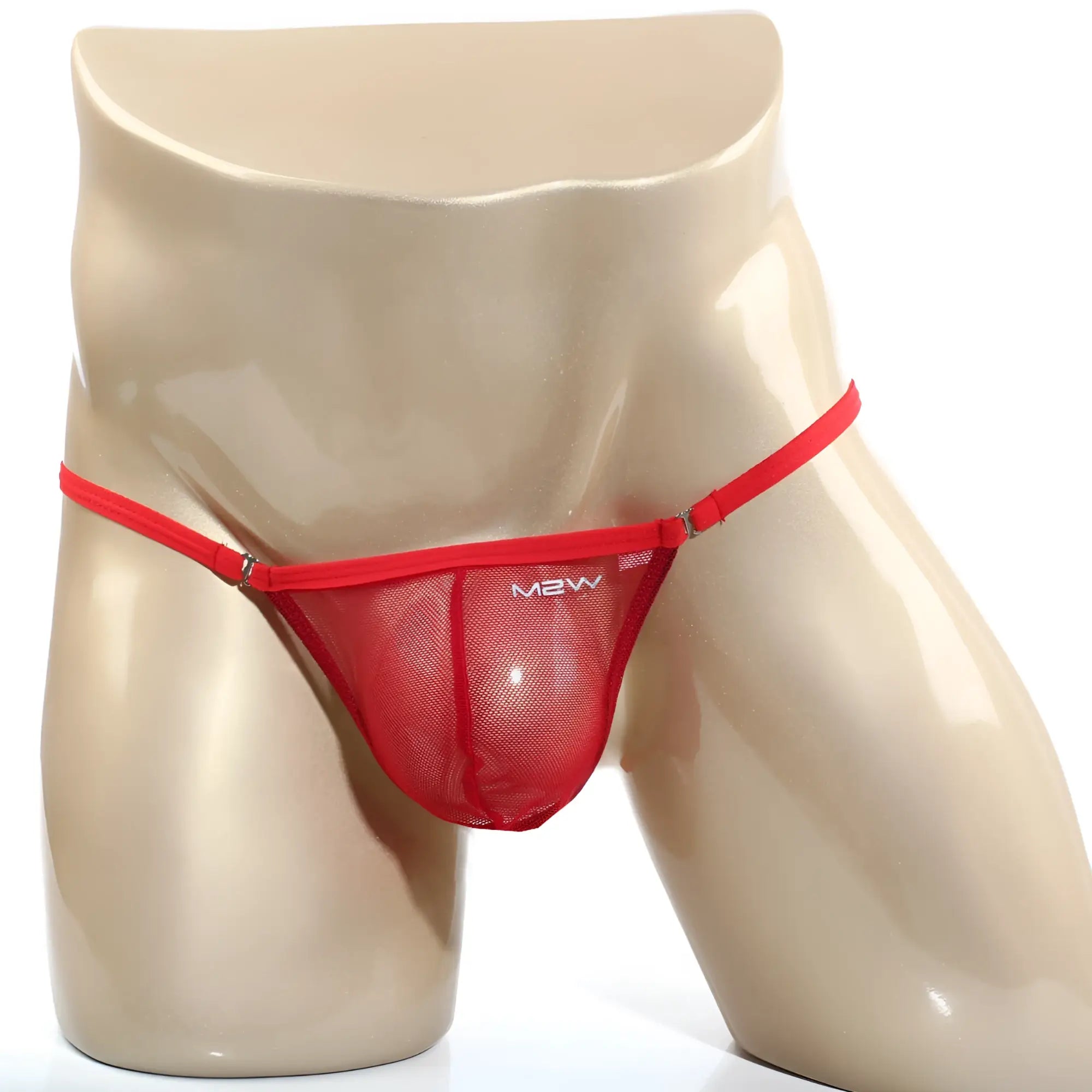MetroMaleWear cobra string red mesh thong with thin straps and metallic clasp featuring mbw logo on front