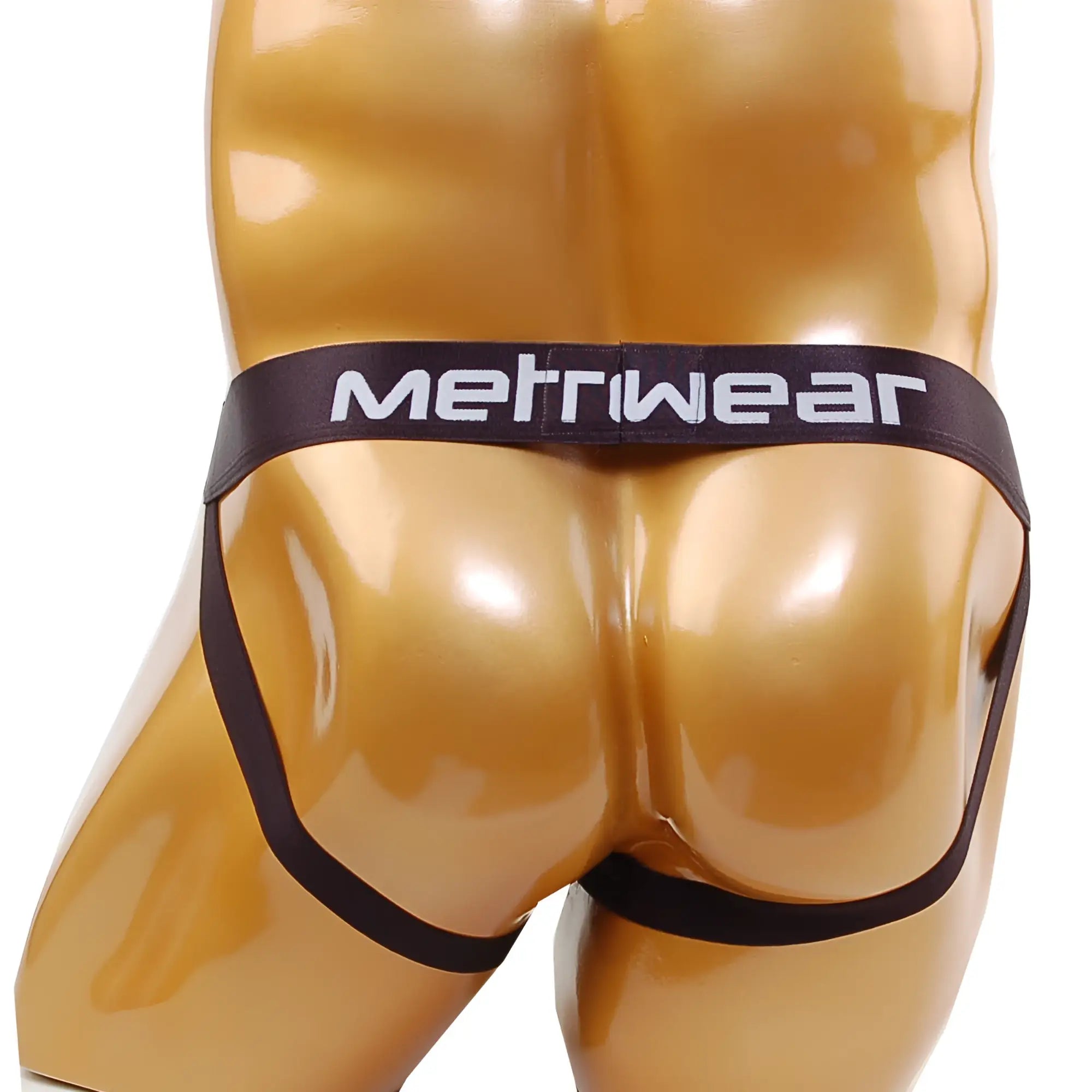 Black metriwear briefs on a glossy gold mannequin torso from MetroMaleWear cock bra jock strap nude 0005-04 collection