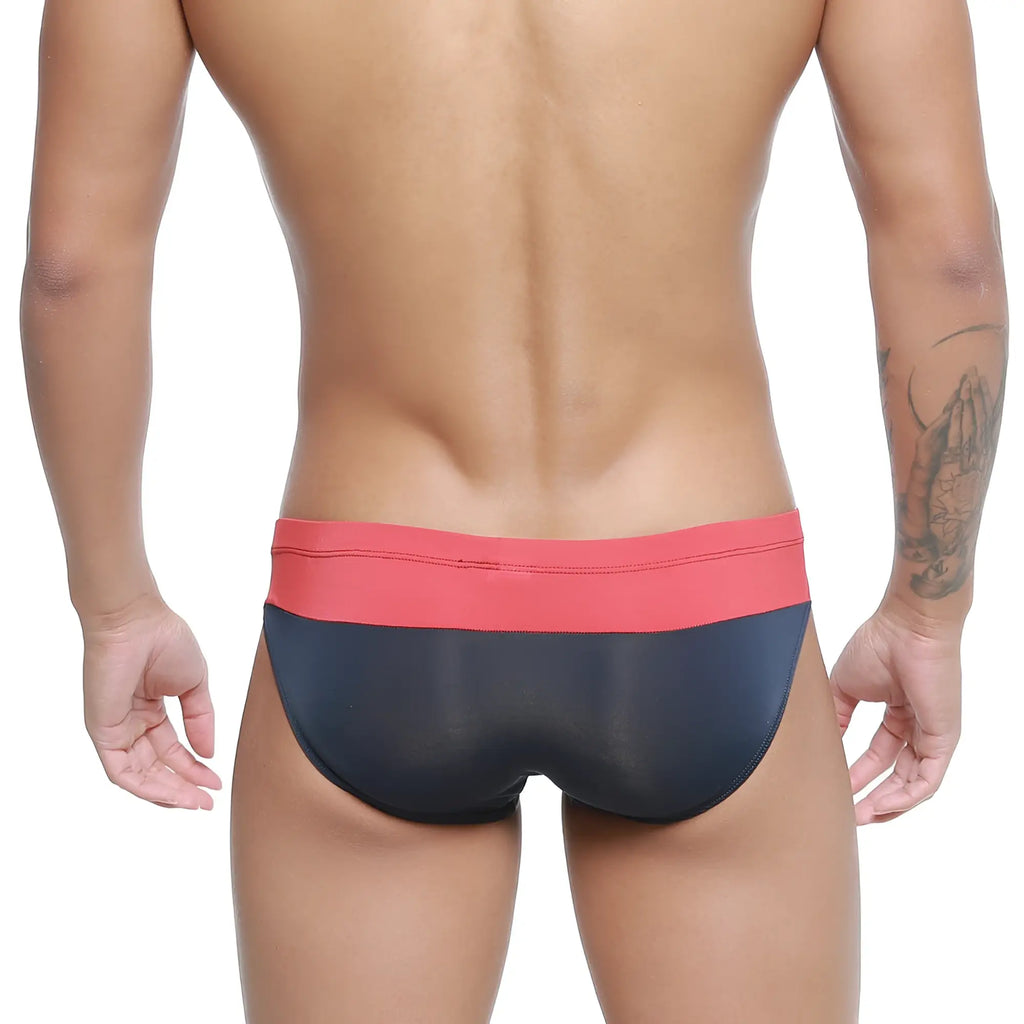 MetroMaleWear Colina Bikini red 5144-12 sleek form-fitting black and coral swim trunks ideal for swimwear use