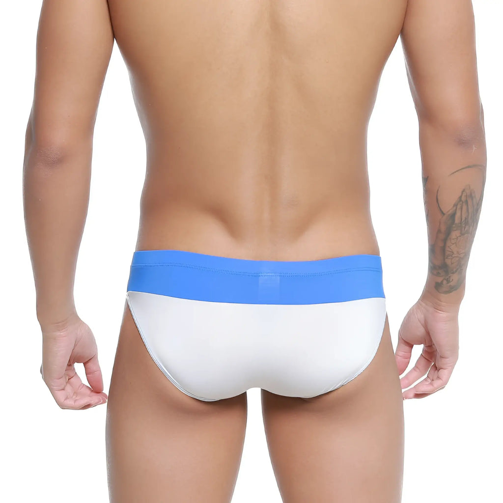 White briefs with a solid royal blue waistband from metromalewear colina bikini 5144-18 for comfortable wear