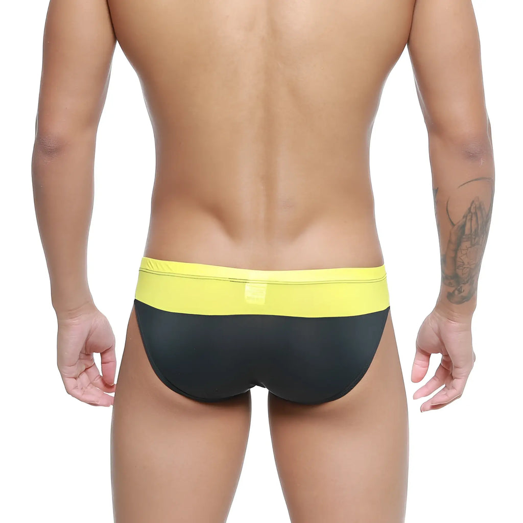 Metro malewear colina bikini yellow 5144-15 black and yellow swim trunks with bright yellow waistband front view