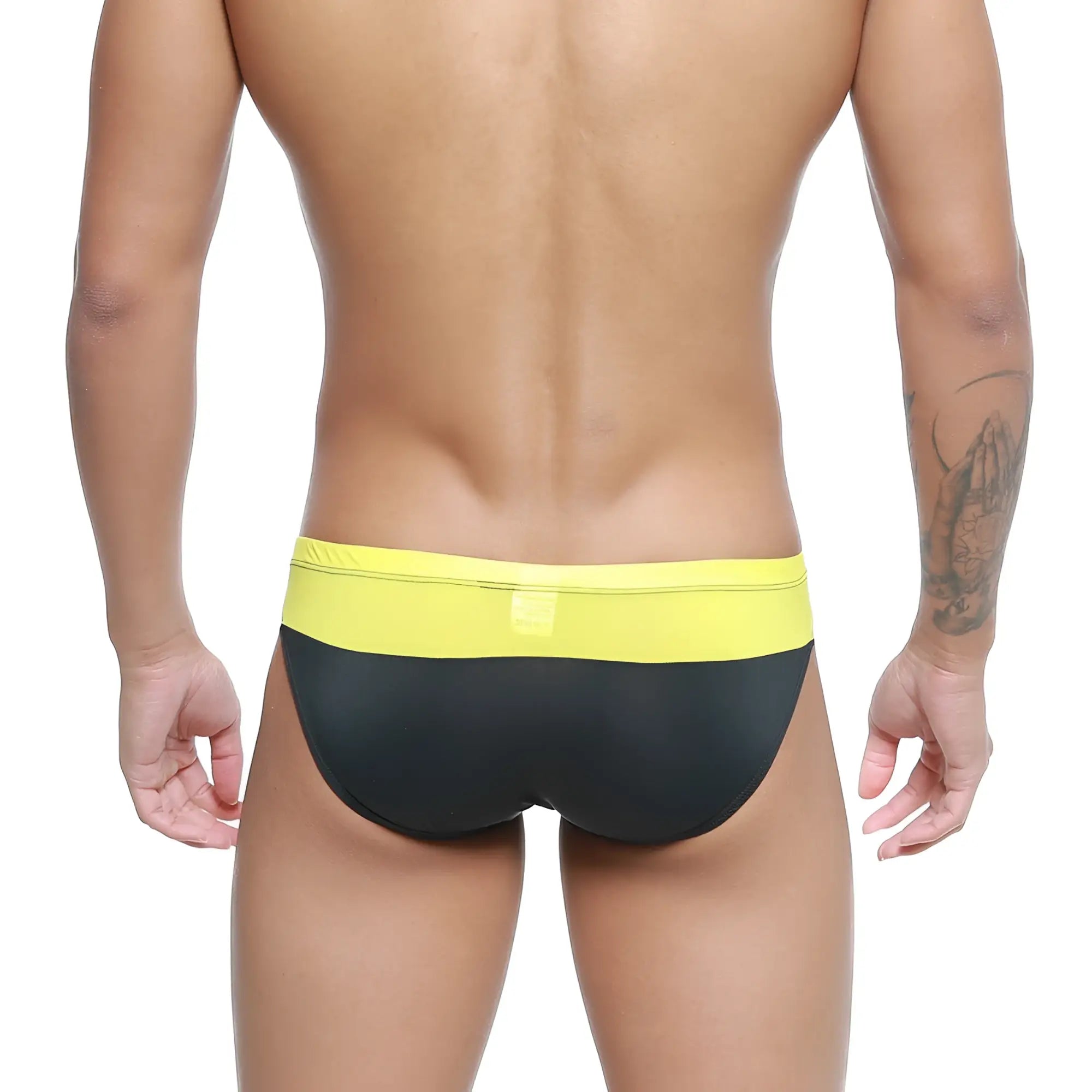 Metro malewear colina bikini yellow 5144-15 black and yellow swim trunks with bright yellow waistband front view