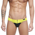 MetroMaleWear Colina bikini yellow swim trunks with bright yellow and black colors and front zipper detail