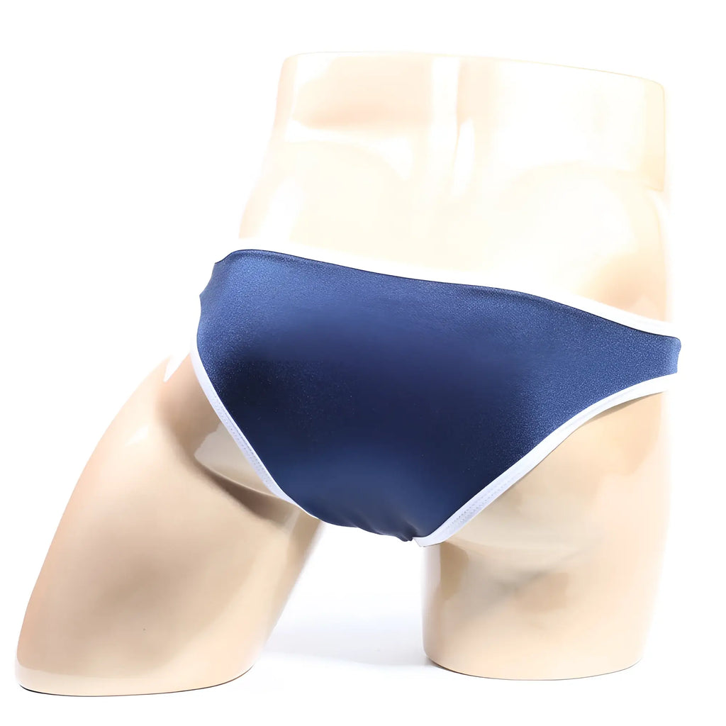Navy blue satin briefs with white trim metroMalewear colonel bikini 2019-28 front view