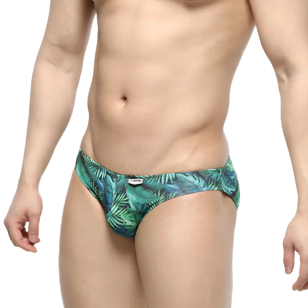 MetroMalewear colorado jock strap 5011-08 green tropical leaf patterned men’s briefs front view