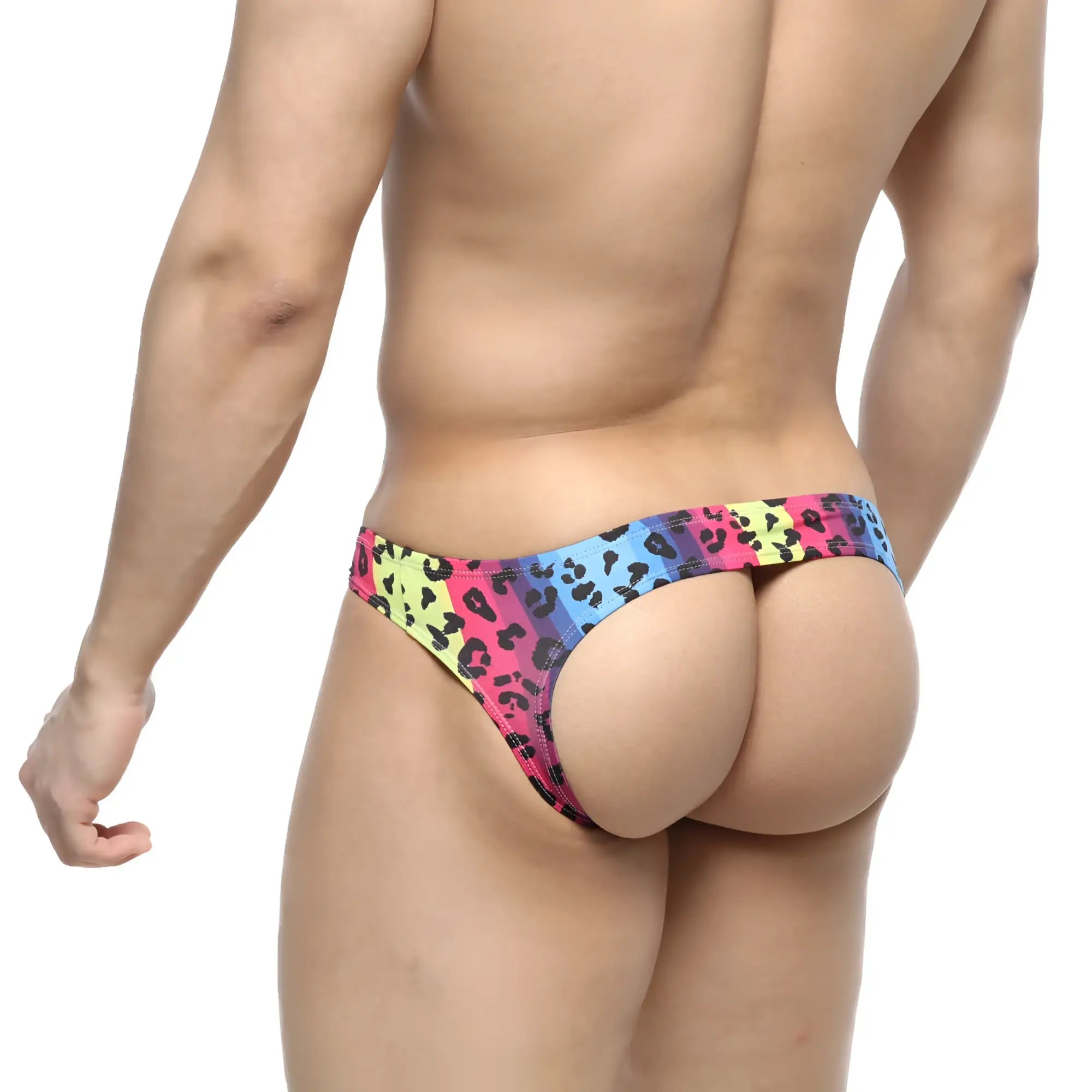 MetroMaleWear Colorado neon 5011-05 vibrant neon leopard-print thong in pink blue and yellow hues front view