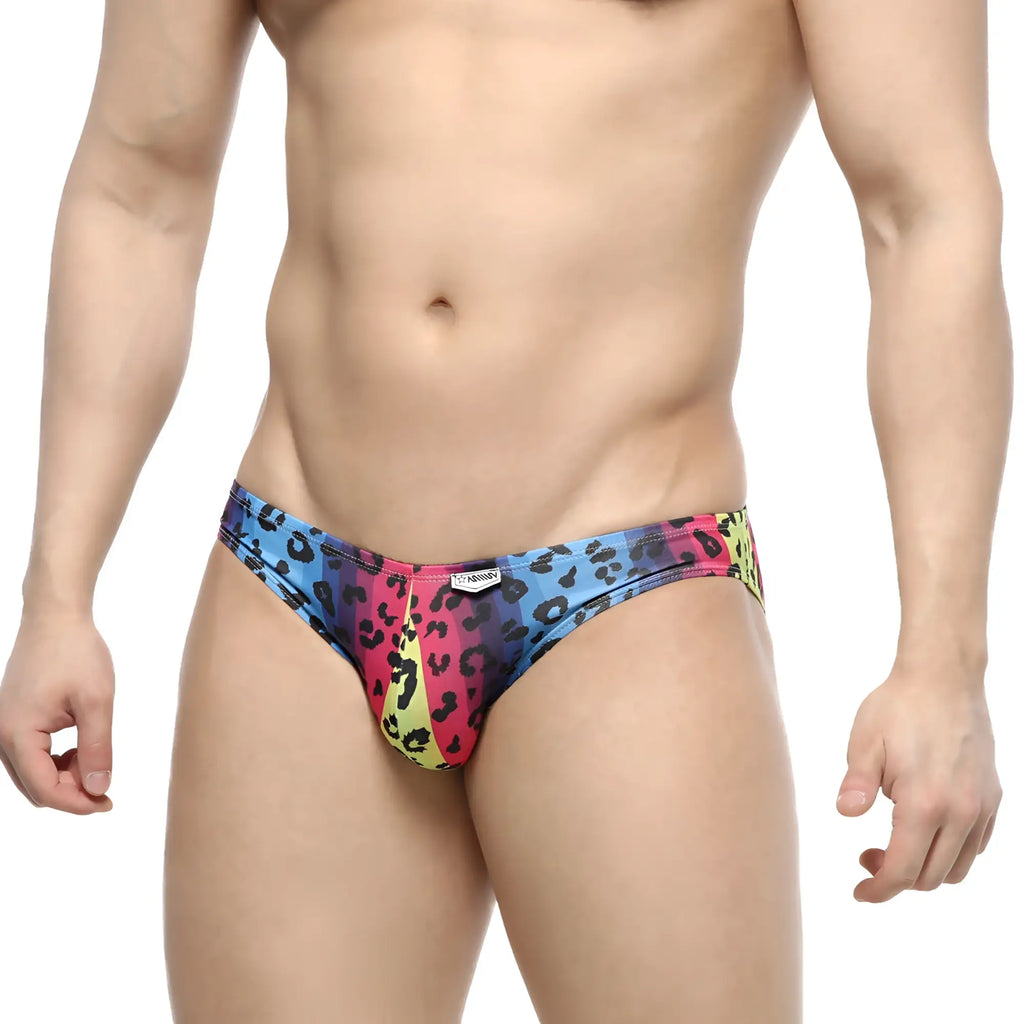 MetroMaleWear Colorado Jock Strap neon 5011-05 vibrant rainbow leopard print snug swim trunks front view