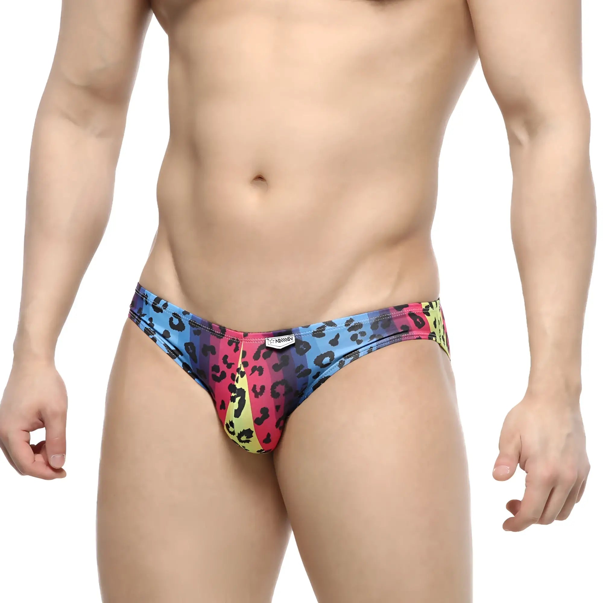 MetroMaleWear Colorado Jock Strap neon 5011-05 vibrant rainbow leopard print snug swim trunks front view