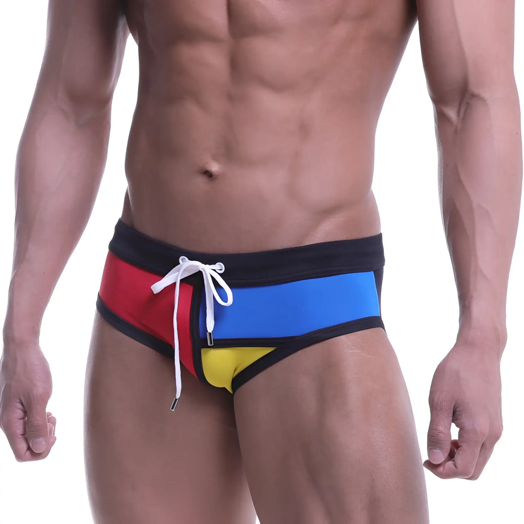 Metro malewear colors swim brief black 4976-20 vibrant multicolored swim trunks with red blue yellow panels black trim and white drawstring
