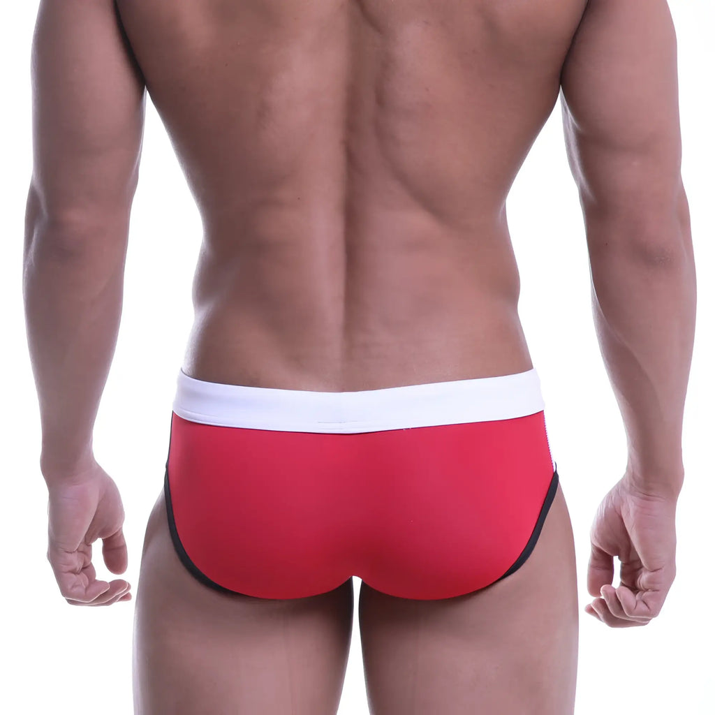 Red swim briefs with white waistband and black trim from MetroMaleWear COLORS swim brief white 4976-00 collection