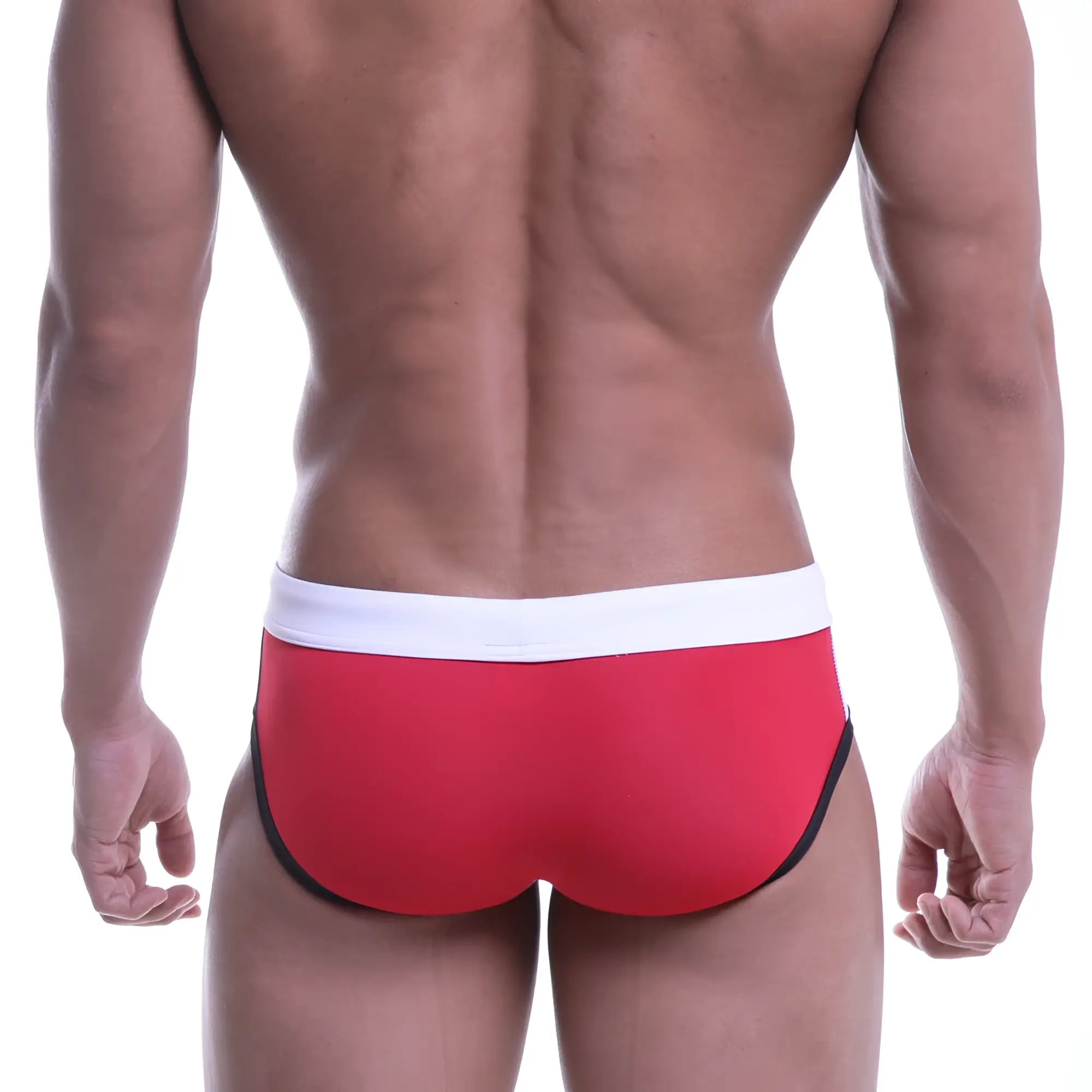 Red swim briefs with white waistband and black trim from MetroMaleWear COLORS swim brief white 4976-00 collection