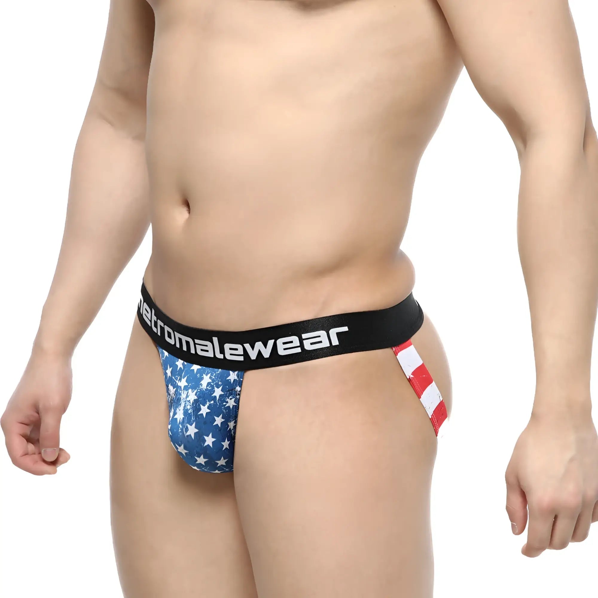 Metro male wear comando jock strap with american flag star pattern in blue and white and black branded waistband