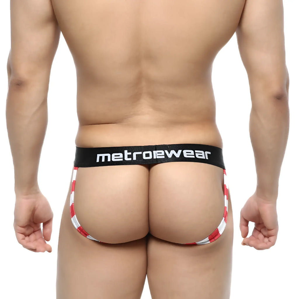 Red and white striped men’s briefs with black metroewear logo waistband from metro malewear comando jock strap btalla 2221-92