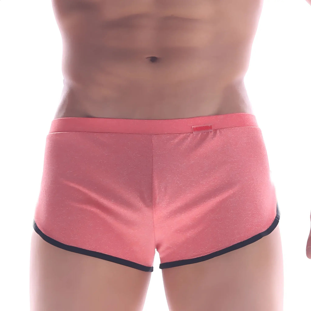 Pink metroMalewear comfort boxer shorts with black trim and subtle textured fabric for athletic use