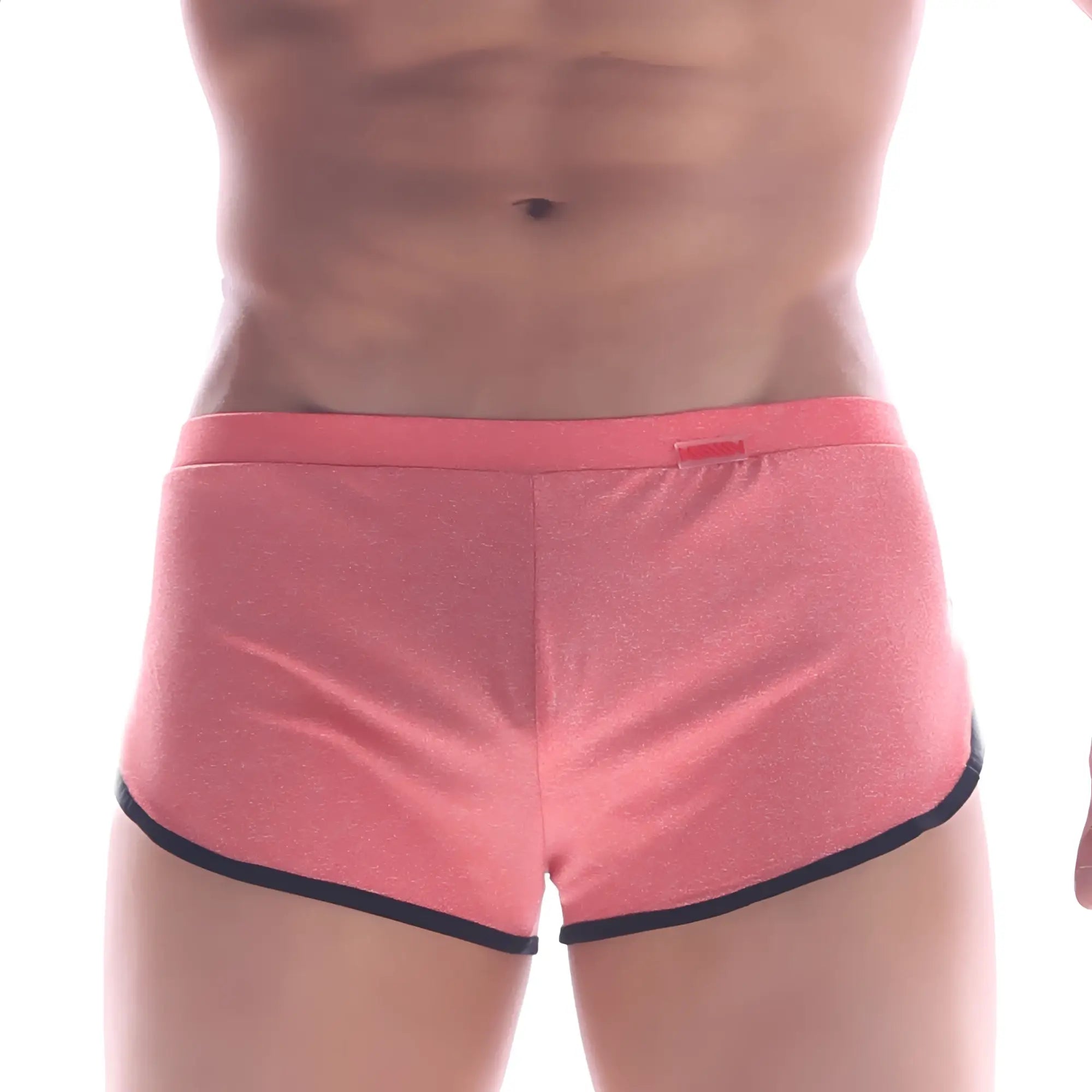 Pink metroMalewear comfort boxer shorts with black trim and subtle textured fabric for athletic use