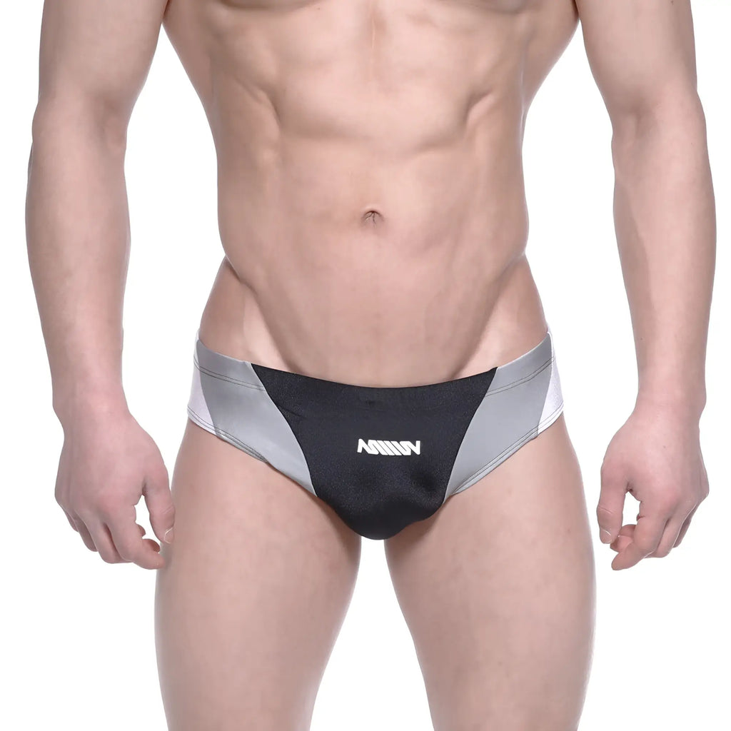 Black and silver MetroMaleWear Competidor Bikini athletic briefs with sleek design and white amin logo on front