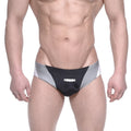 Black and silver MetroMaleWear Competidor Bikini athletic briefs with sleek design and white amin logo on front