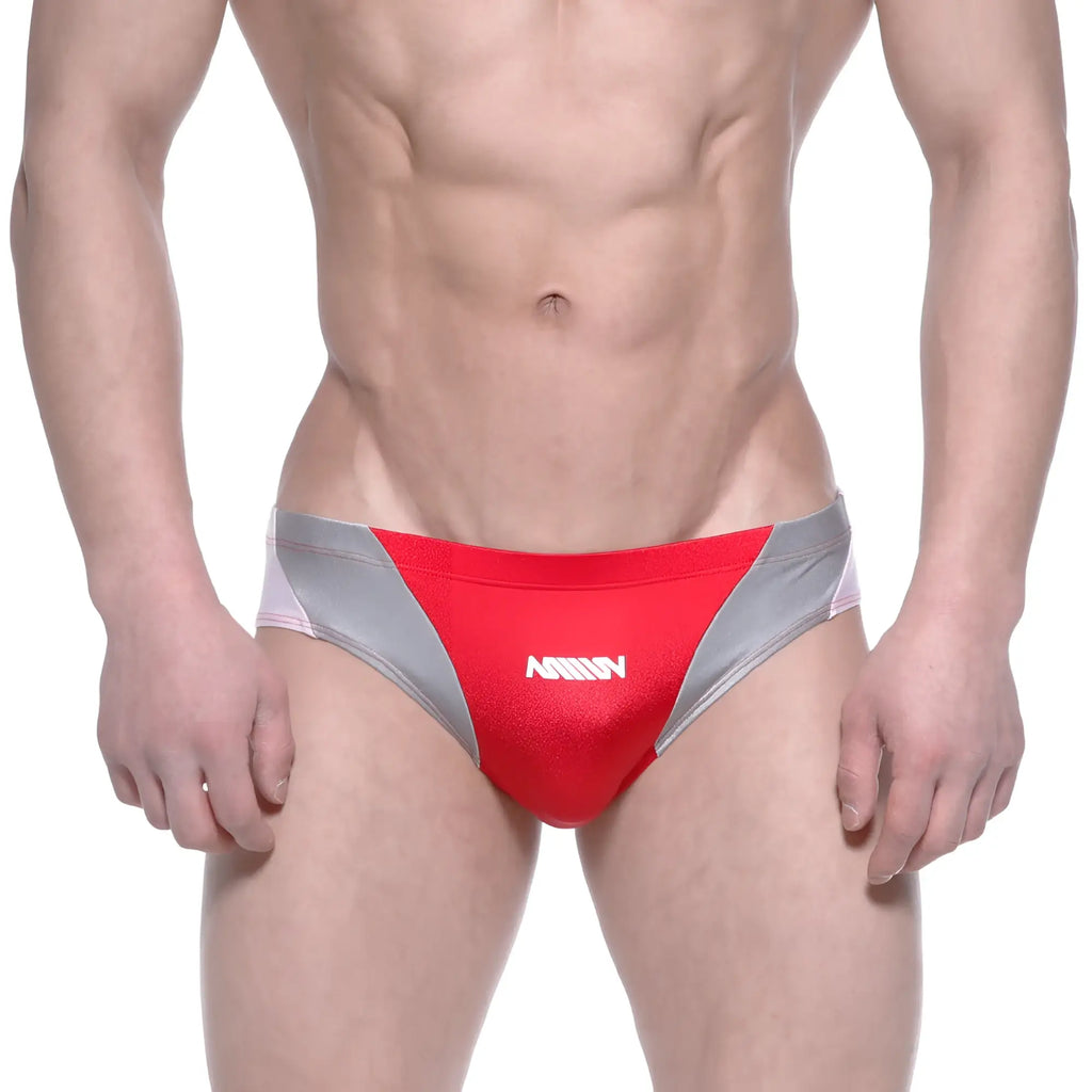 MetroMalewear competidor bikini red men’s swim trunks in red and silver with a white logo on the front