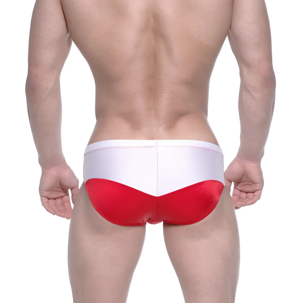 MetroMaleWear Competidor bikini red 4965-12 glossy red and white swim trunks with a sleek finish for swimwear use