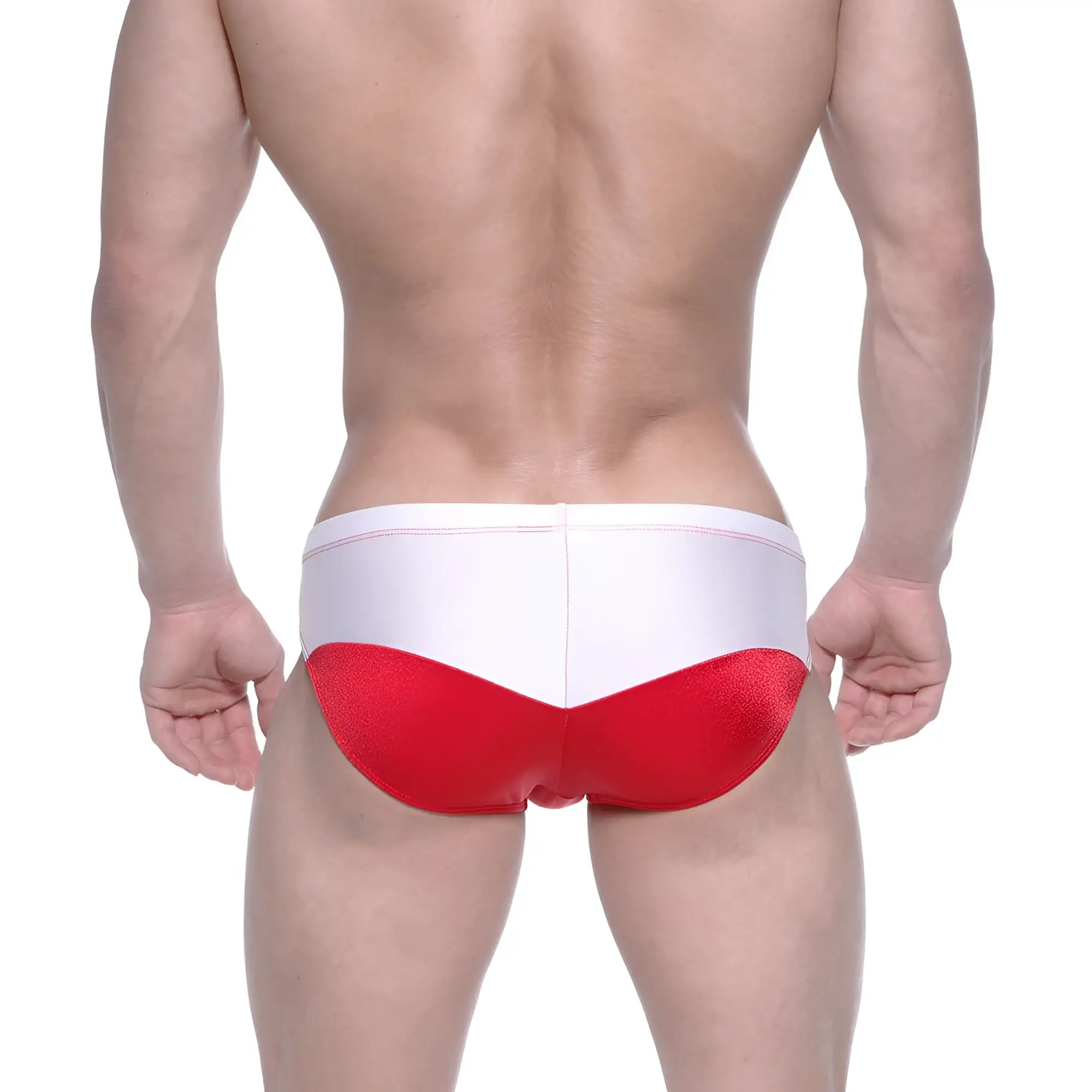 MetroMaleWear Competidor bikini red 4965-12 glossy red and white swim trunks with a sleek finish for swimwear use