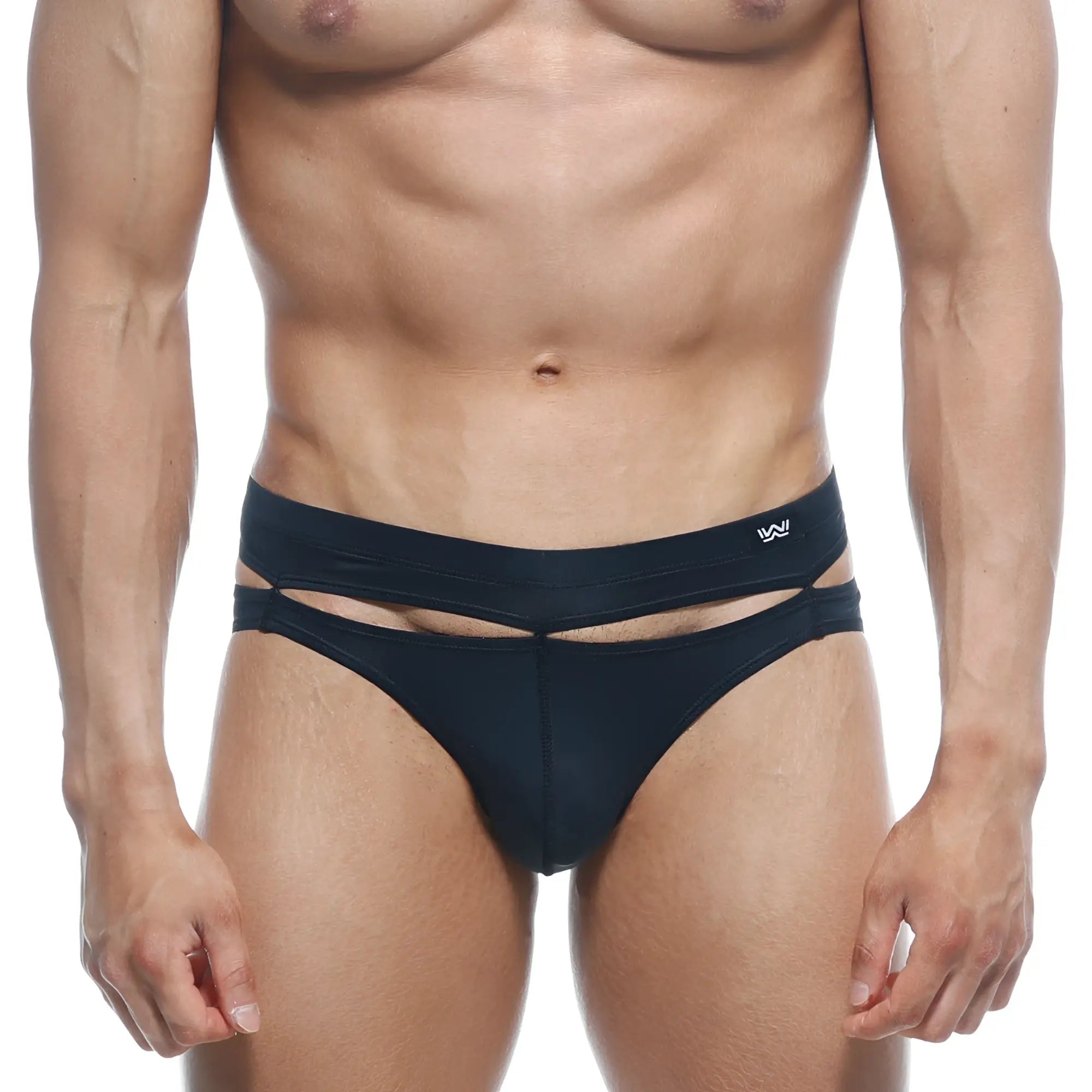MetroMaleWear Concepcion brief black 5213-20 featuring sleek design with two horizontal waistband cutouts and subtle white logo