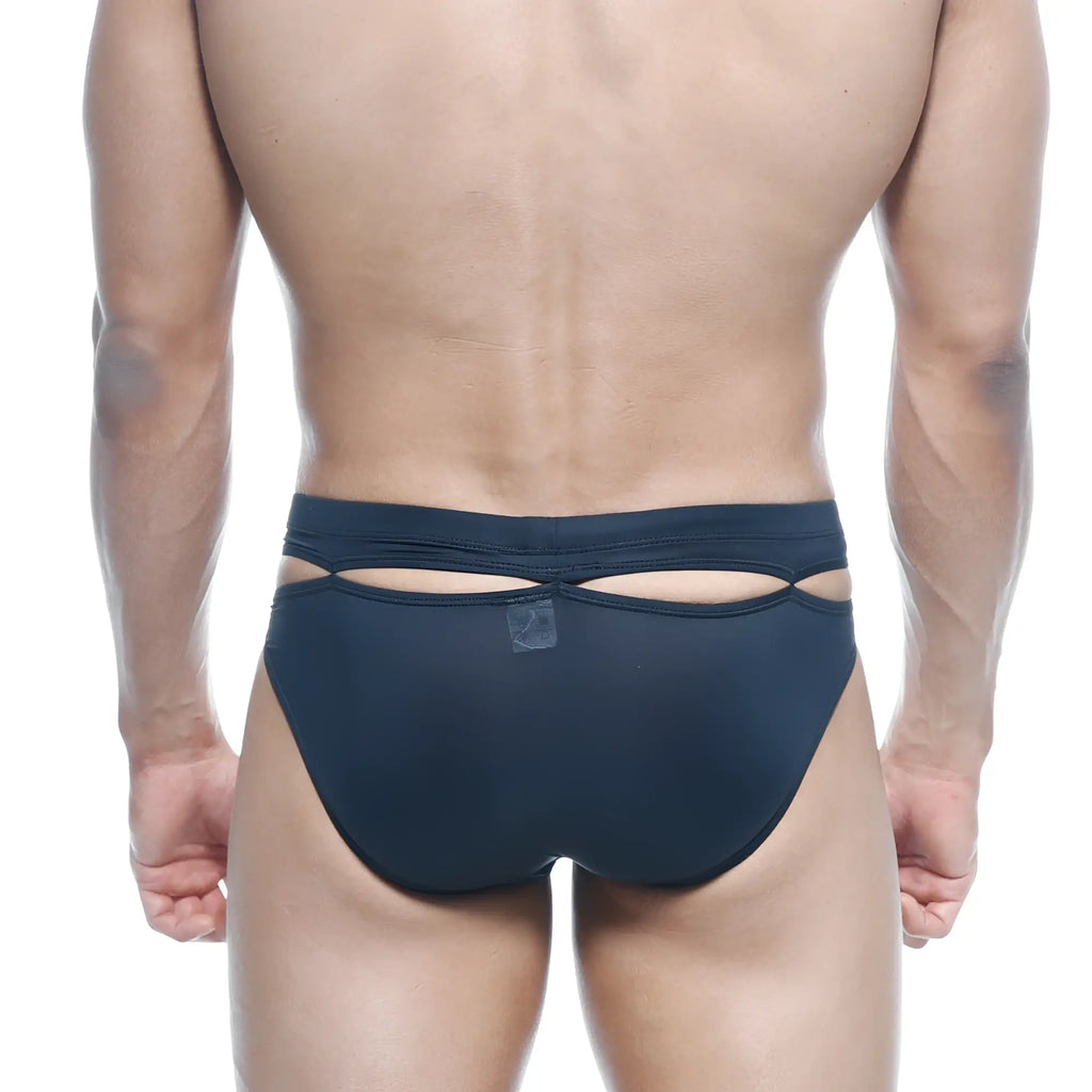 Back view of metroMaleWear Concepcion brief black 5213-20 navy blue mesh briefs with cutout design