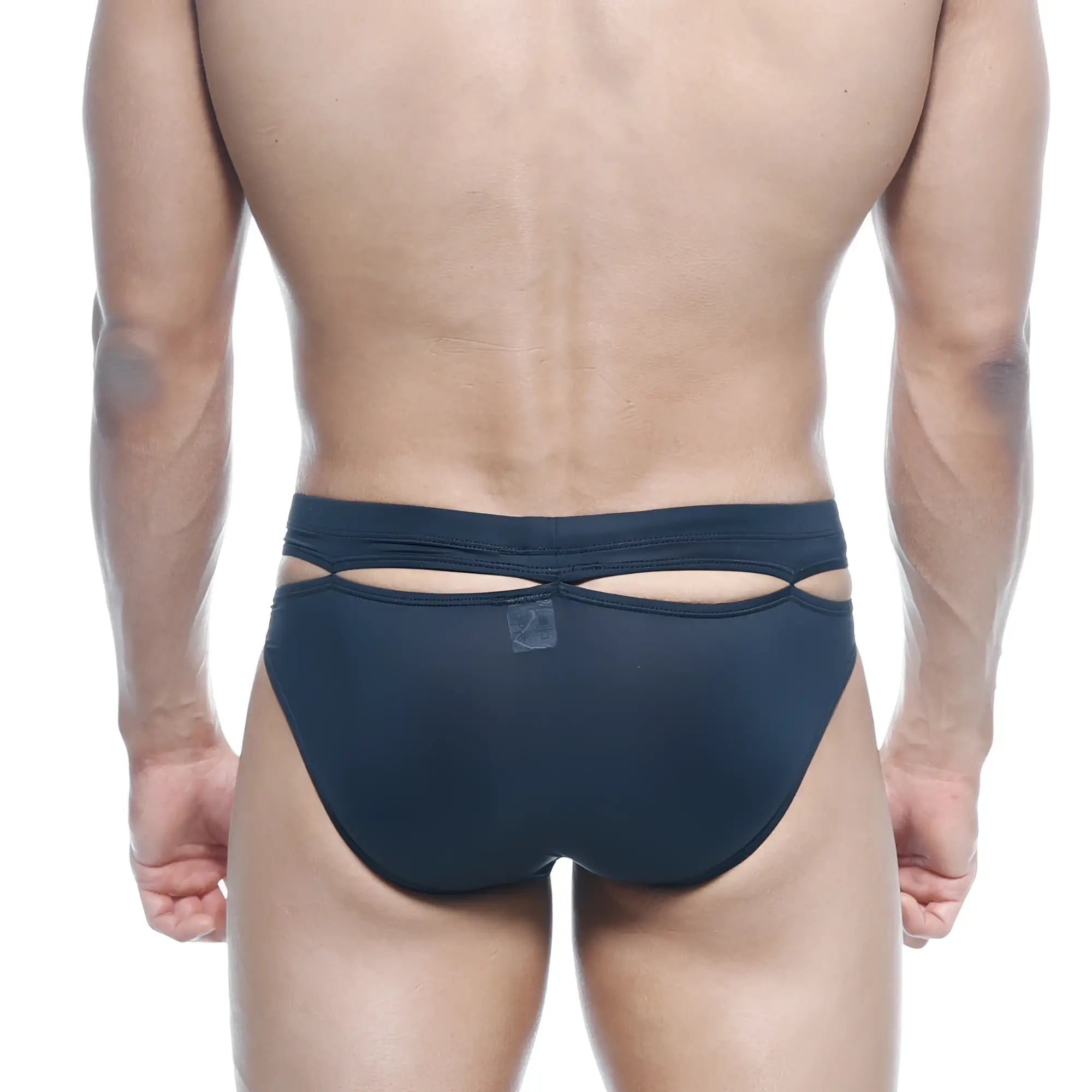 Back view of metroMaleWear Concepcion brief black 5213-20 navy blue mesh briefs with cutout design