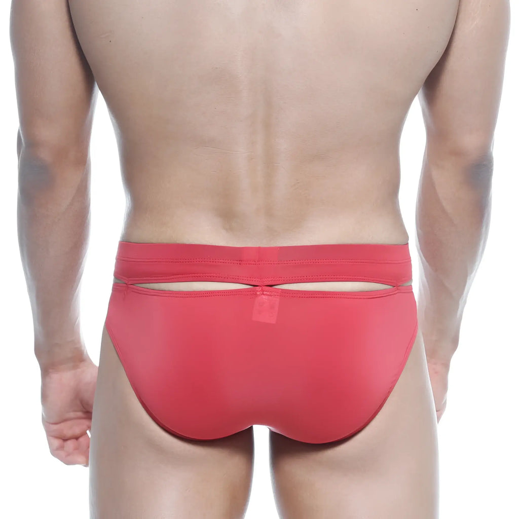 Red athletic briefs by metromalewear with a sleek form-fitting design and cutout back showing the rear side