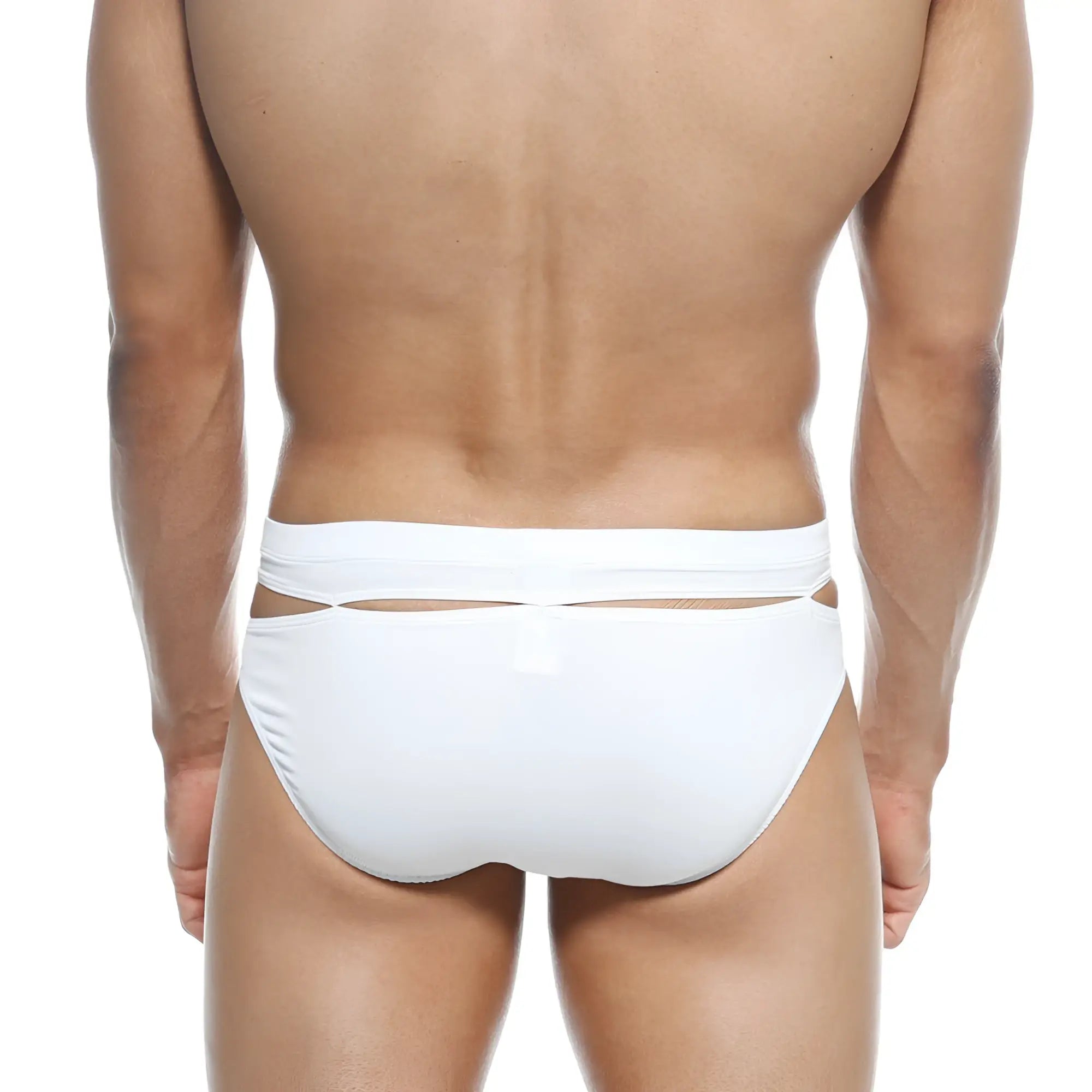 White swim trunks metro male wear concepcion brief with minimalist design and cut-out waistband detailing