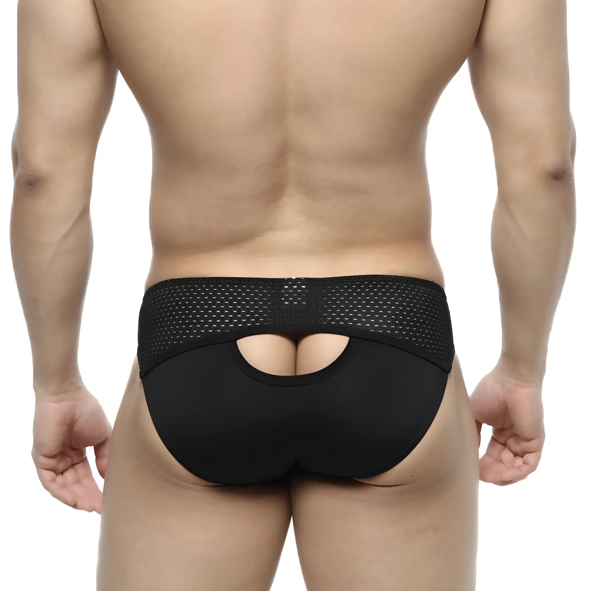 Back side of metro malewear contento bikini black briefs with black mesh and solid fabric and central cutout