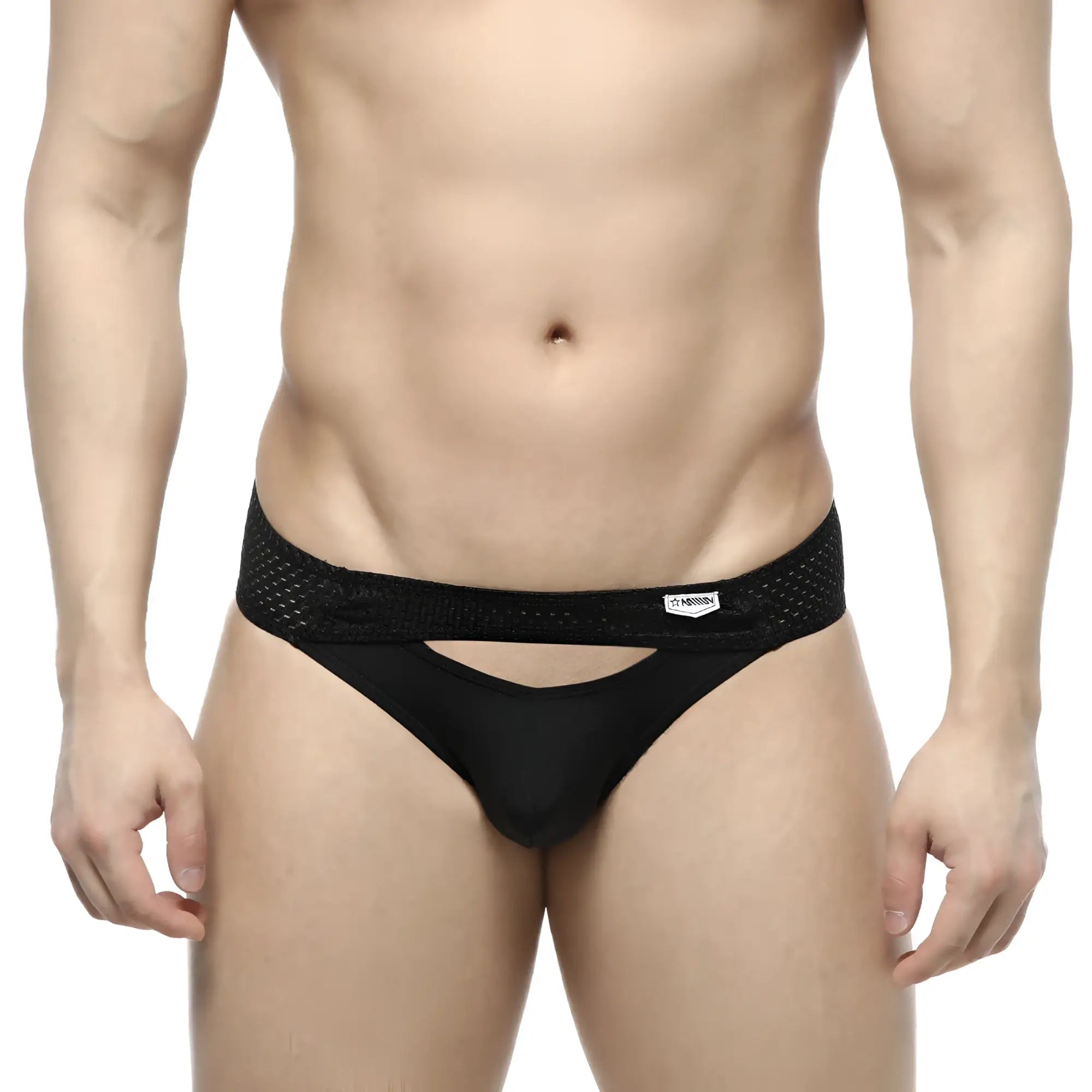 Metro male wear contento bikini black briefs with sleek form fitting design and black mesh trim