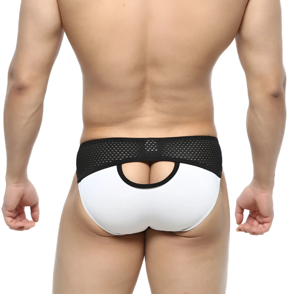 White and black mesh-backed briefs with cutout design from metro male wear contento bikini contrast white 1205-01