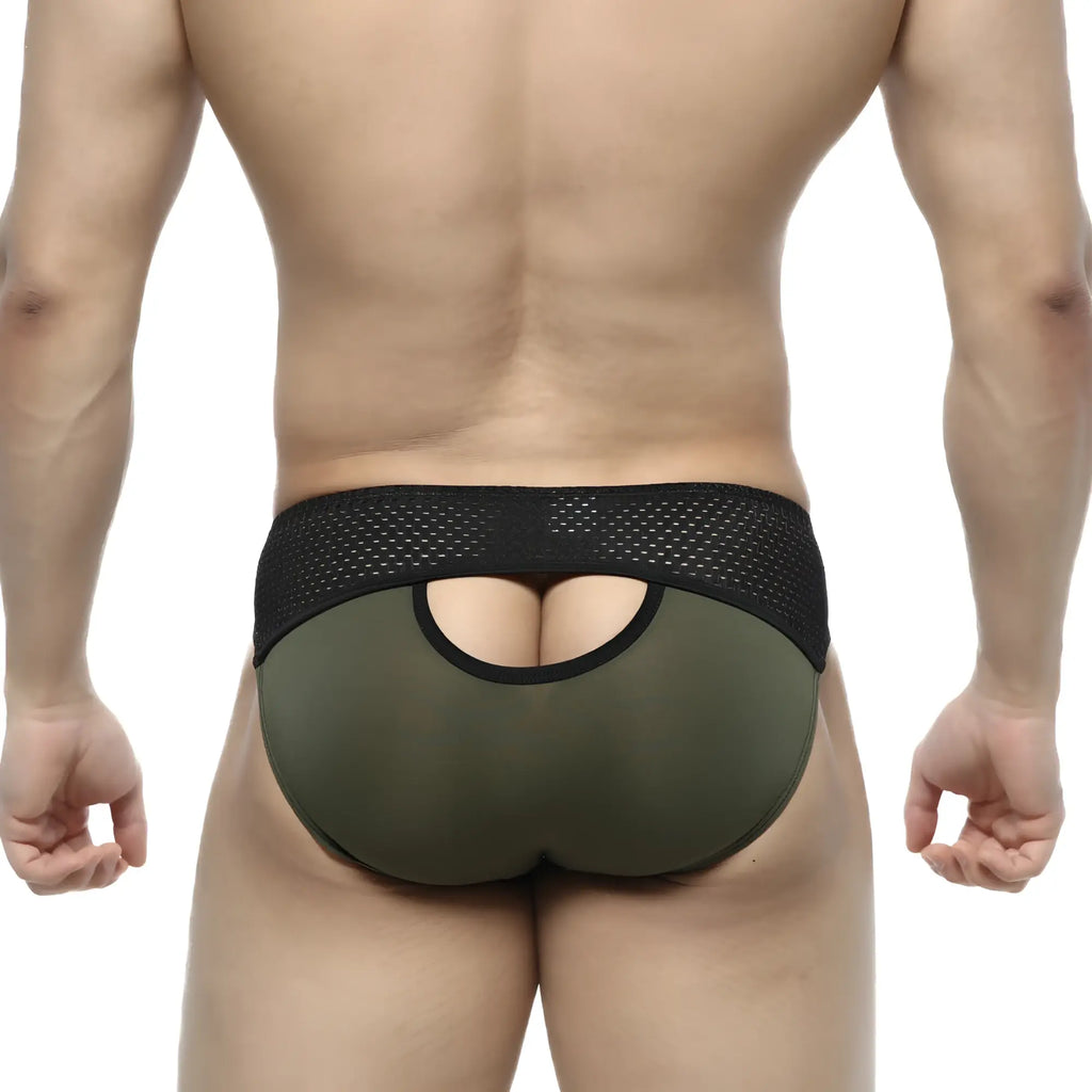 Olive green mesh-backed briefs with black elastic waistband and cutout detail from metromalewear contento bikini khaki 1205-26