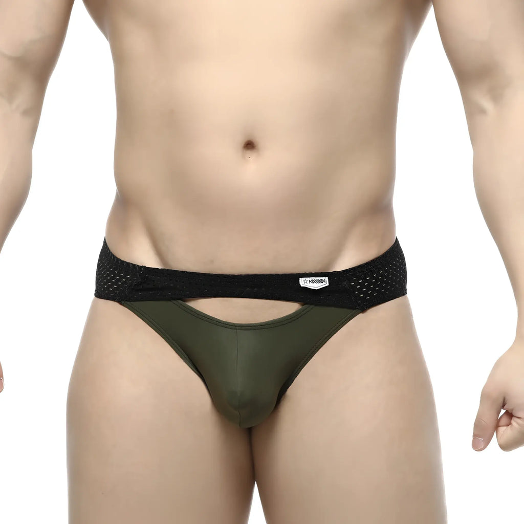 MetroMalewear Contento Bikini Khaki olive green mesh briefs with black elastic waistband and white brand tag