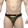 MetroMalewear Contento Bikini Khaki olive green mesh briefs with black elastic waistband and white brand tag