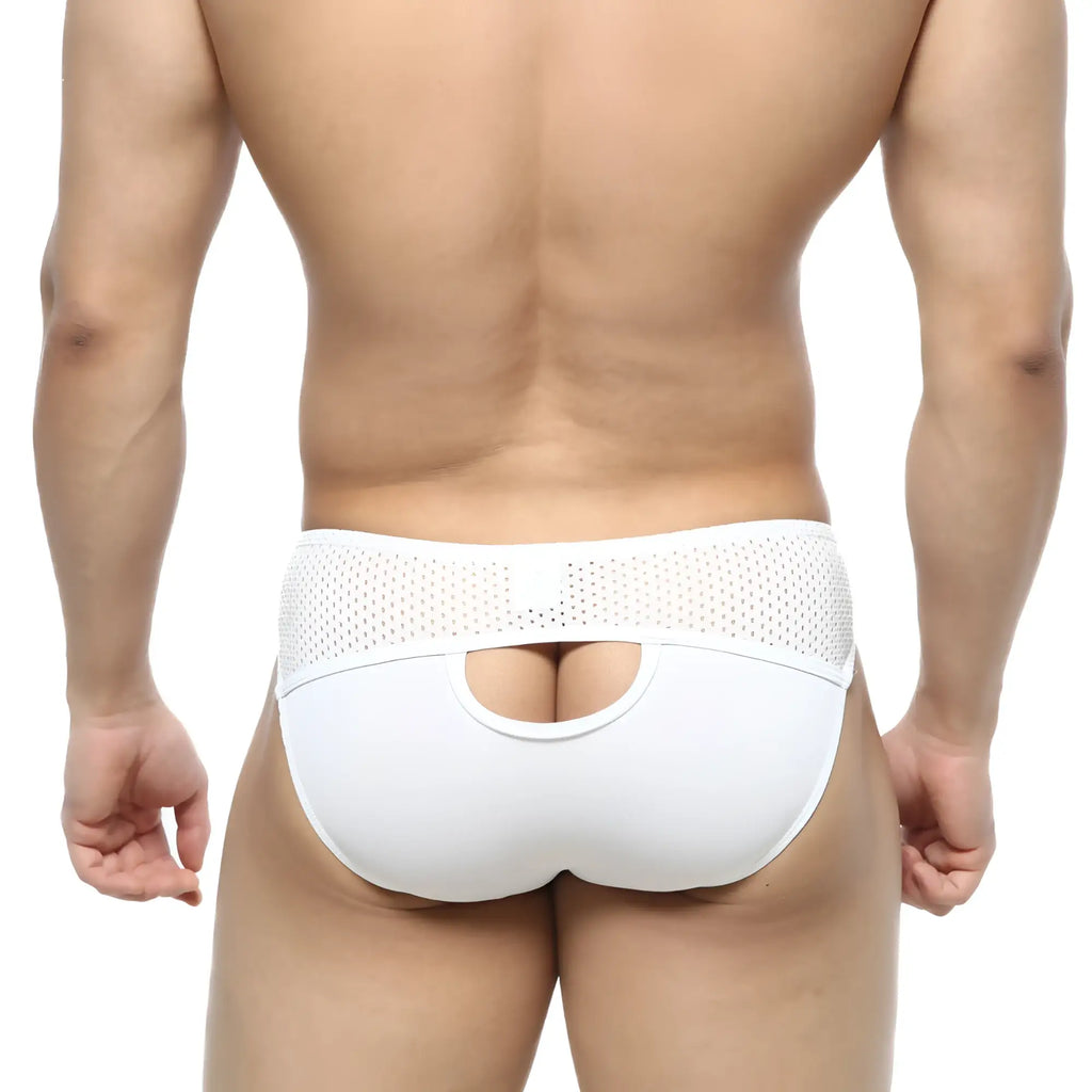 White mesh-backed metroMalewear Contento bikini briefs with central cutout and smooth fabric for comfortable wear