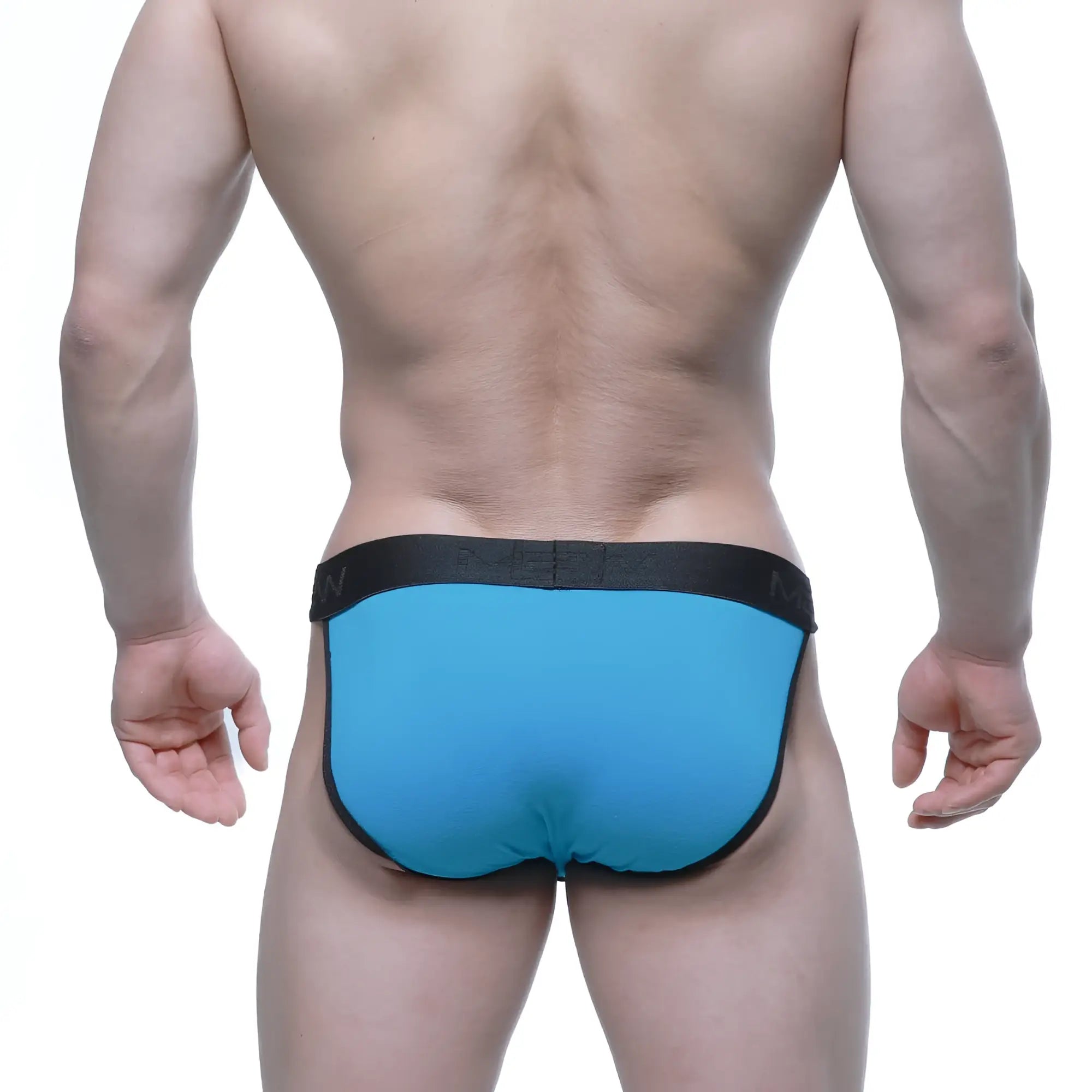 Blue athletic briefs with black elastic waistband and trim from metromalewear contrast bikini turquoise 3004-C08