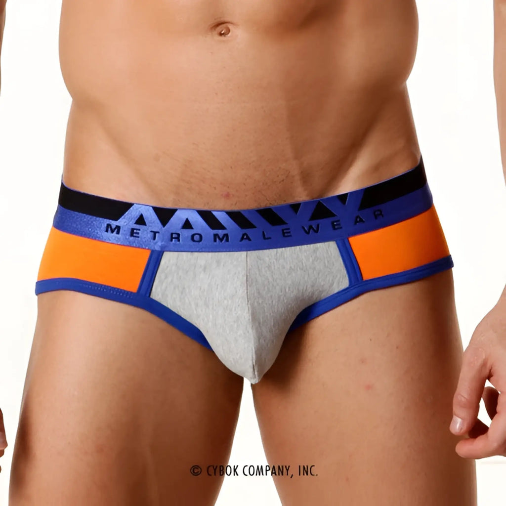 Gray and orange athletic briefs with blue trim and bold metromalewear logo on waistband for activewear use
