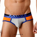Gray and orange athletic briefs with blue trim and bold metromalewear logo on waistband for activewear use