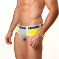 Gray and yellow MetroMaleWear contrast athletic briefs with a white waistband featuring black milan lettering