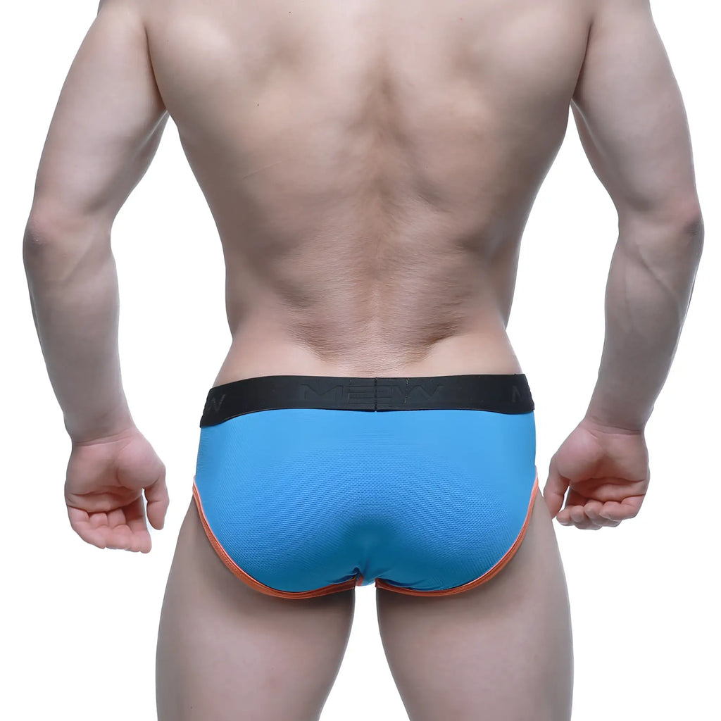 Blue MetroMaleWear Cool Mesh brief with black waistband and orange trim made of breathable mesh fabric