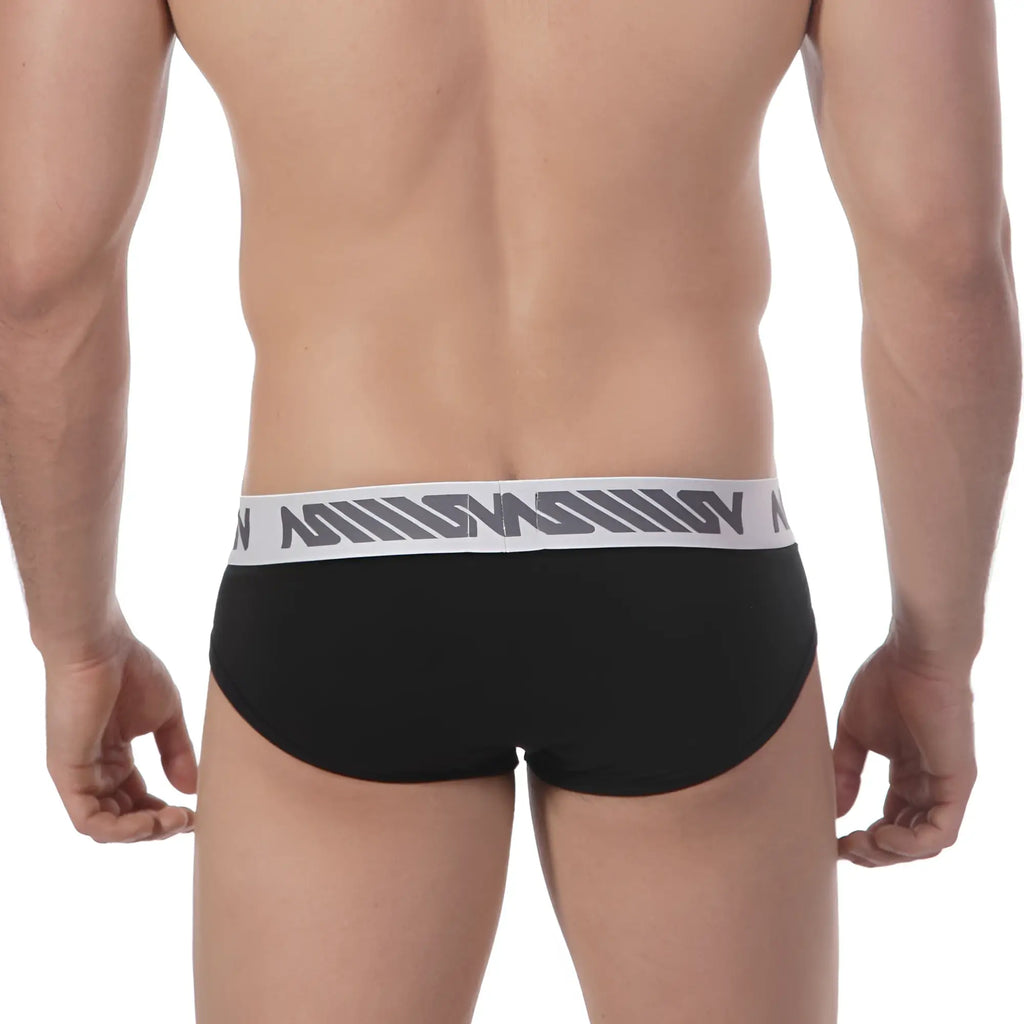 Black metroMalewear core hip briefs with white elastic waistband and gray geometric logo pattern 8003-20