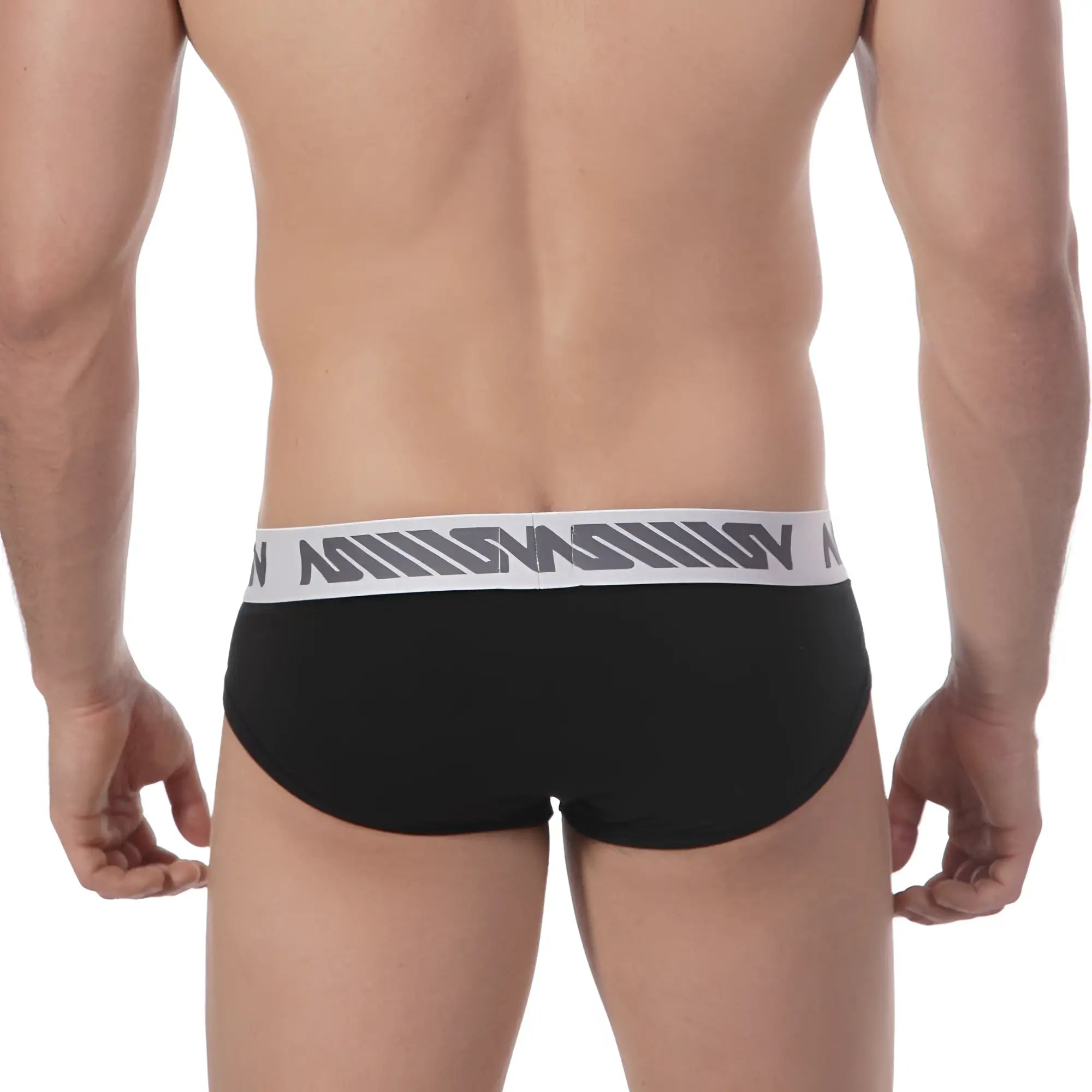 Black metroMalewear core hip briefs with white elastic waistband and gray geometric logo pattern 8003-20