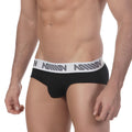 Black men’s briefs metrocalewear core hip brief with white elastic waistband and gray million logo in black