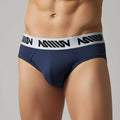 MetroMaleWear core hip brief in dark blue nylon with white elastic waistband featuring black miiow branding